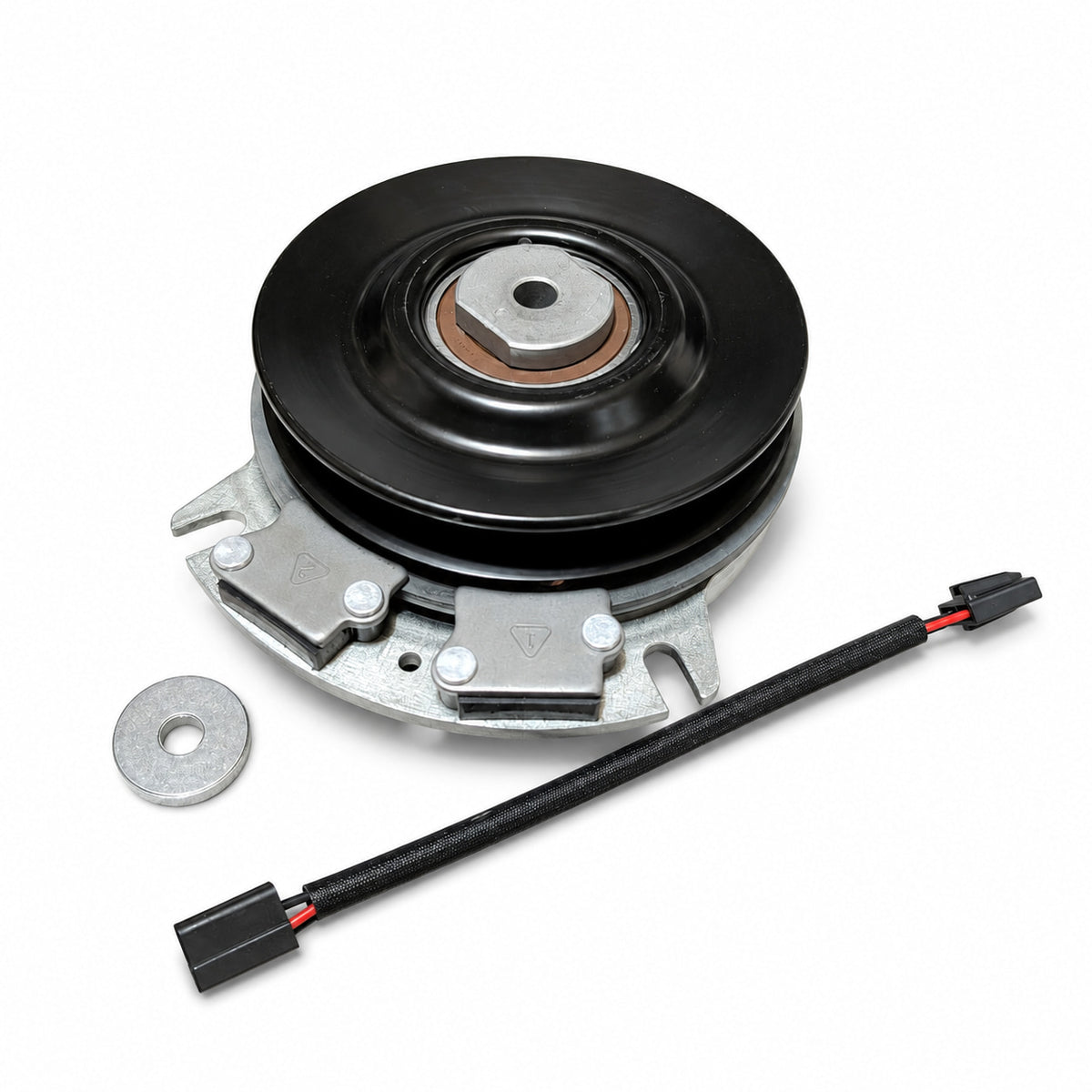 Bad Boy 070-1000-00 PTO clutch replacement pulley-side view with D-spacer bushing, mounting washer and wiring harness