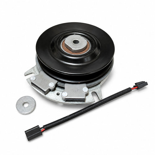 Bad Boy 070-1000-00 PTO clutch replacement pulley-side view with D-spacer bushing, mounting washer and wiring harness