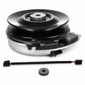 Ariens Gravely 09068200 PTO clutch replacement showing black pulley, center bore, silver clutch housing, brake plate hardware, wiring harness, connector lead, and spacer washer on a white background.