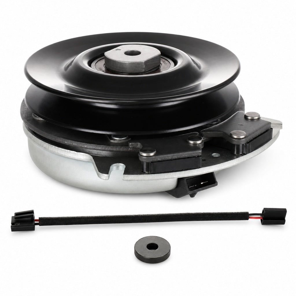 Ariens Gravely 09068200 PTO clutch replacement showing black pulley, center bore, silver clutch housing, brake plate hardware, wiring harness, connector lead, and spacer washer on a white background.