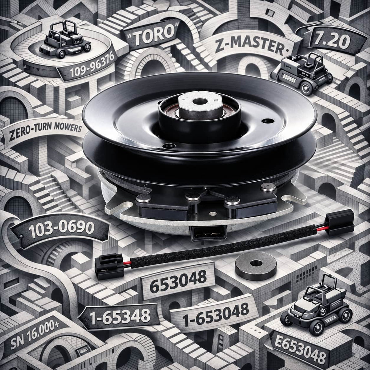103-0690 Electric PTO clutch against surreal Escher inspired background with technical specifications cryptically encoded