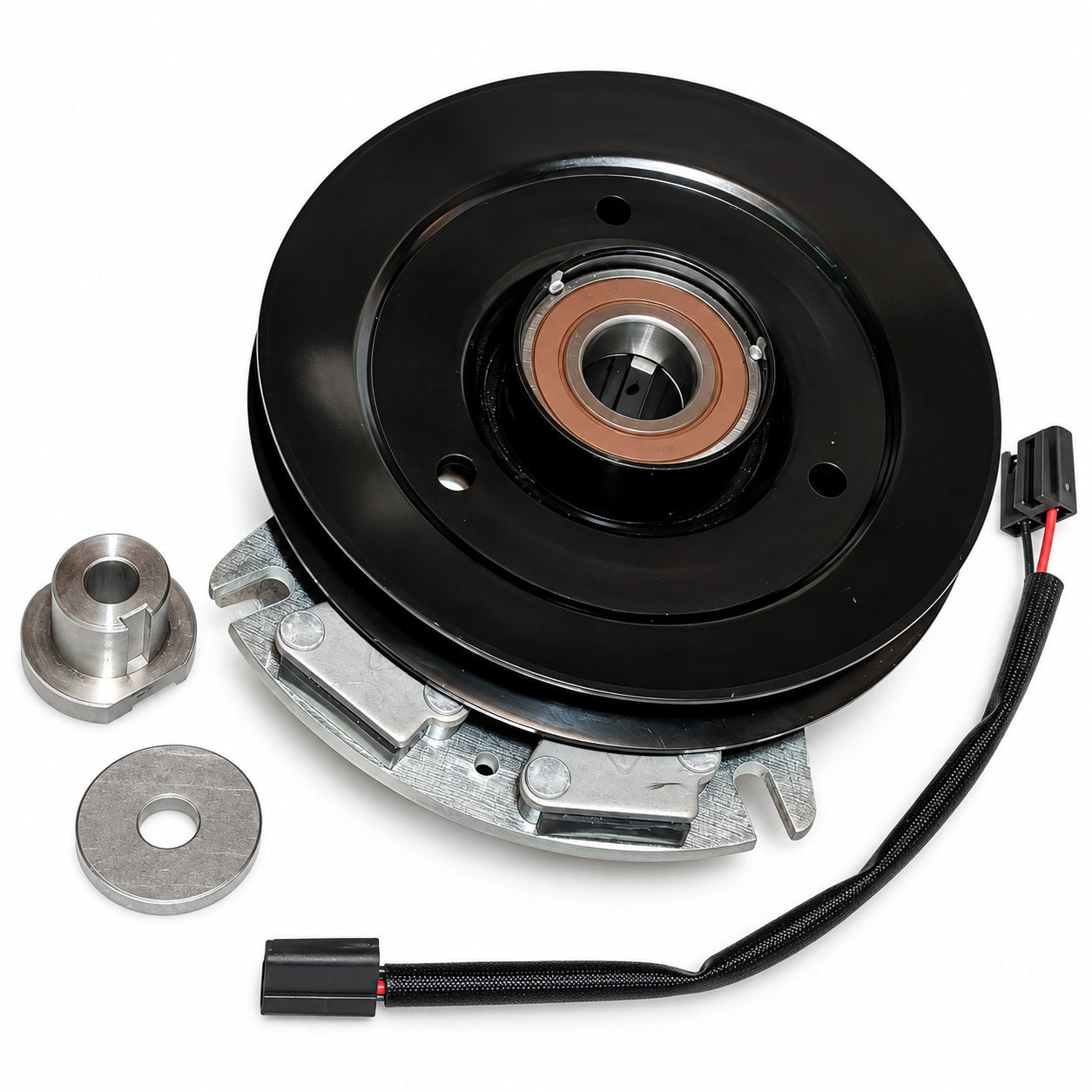 Toro 110-0449 PTO clutch replacement showing black pulley, center bore and brake assembly