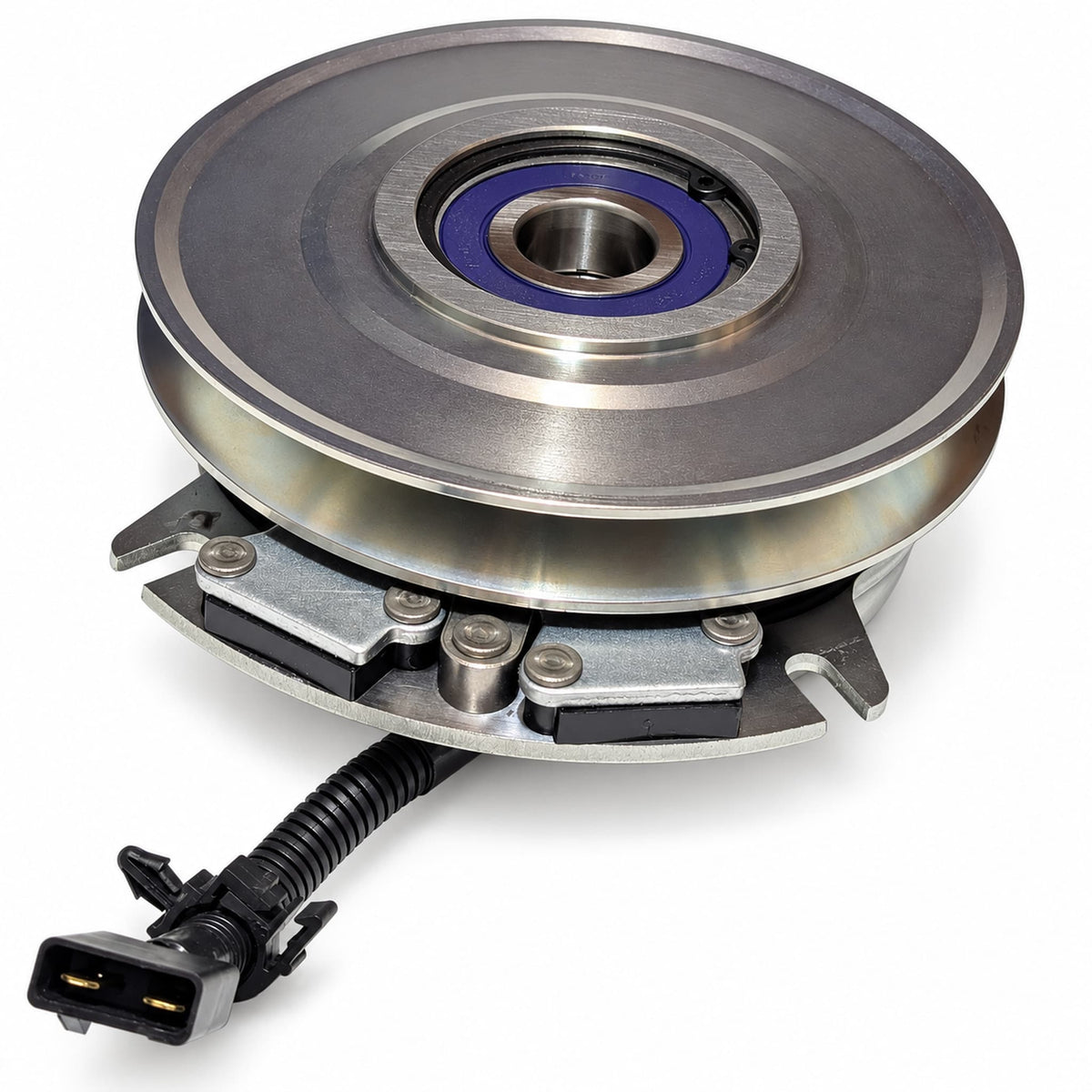 HD Upgrade 116-1620 replacement PTO clutch for Exmark and Toro mowers showing silver pulley and wiring connector