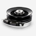 117-7468 electric PTO clutch replacement with black pulley, silver housing, center crankshaft bore, brake assembly, and anti-rotation bracket detail on a clean white background.