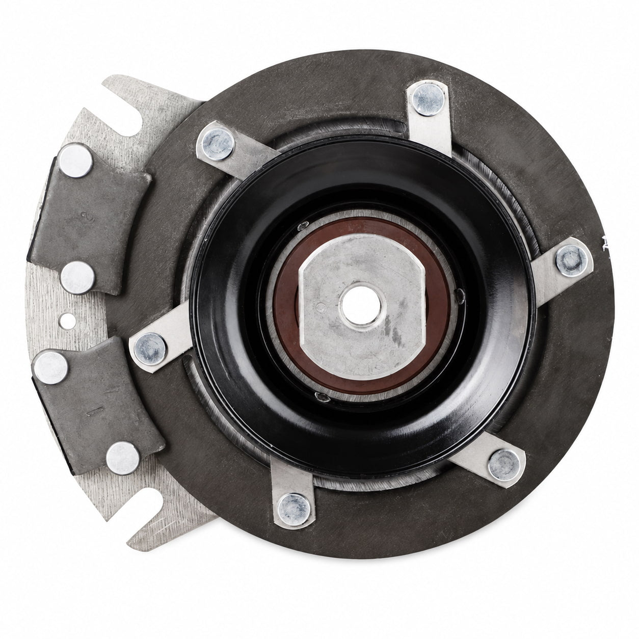 Pulley-side view of Simplicity 1716226 PTO clutch showing the double-A pulley, hub, brake assembly and mounting plate