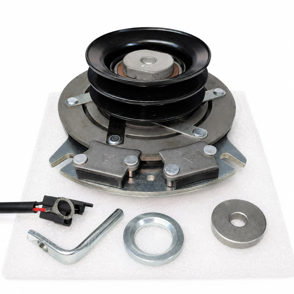 Alternate angle of PTO clutch 1744401 for Troy-bilt mowers showing both anti-rotation notches.