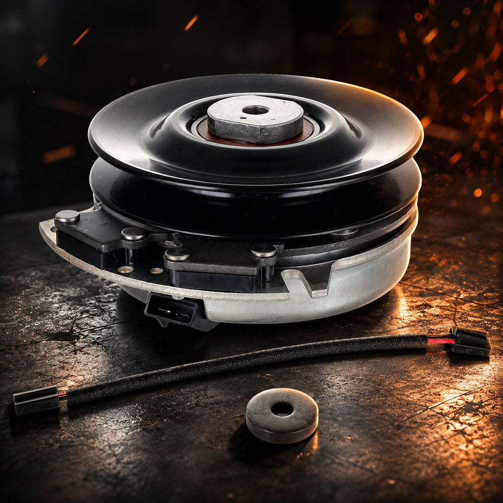 Aftermarket 2722016 PTO clutch replacement for Bobcat, Bunton, and Woods mowers with 1-1/8 inch bore, 6-5/16 inch pulley, clockwise rotation, wire lead, and spacer shown on a dark shop bench.