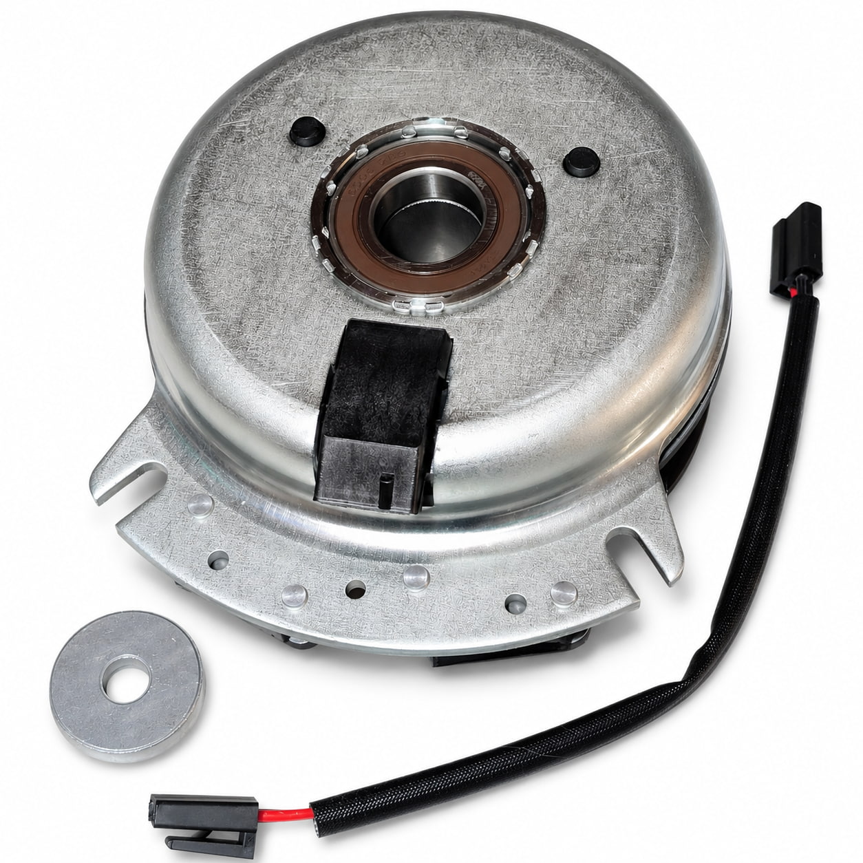 388740 aftermarket PTO clutch for Grasshopper, coil-side view showing 1-1/8 inch bore, brake assembly, washer and wiring harness