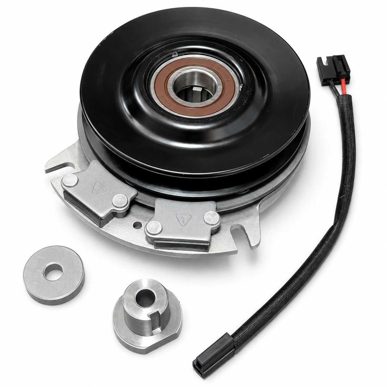 388740 aftermarket PTO clutch for Grasshopper, pulley-side view with center bushing, brake assembly, washer and wiring harness