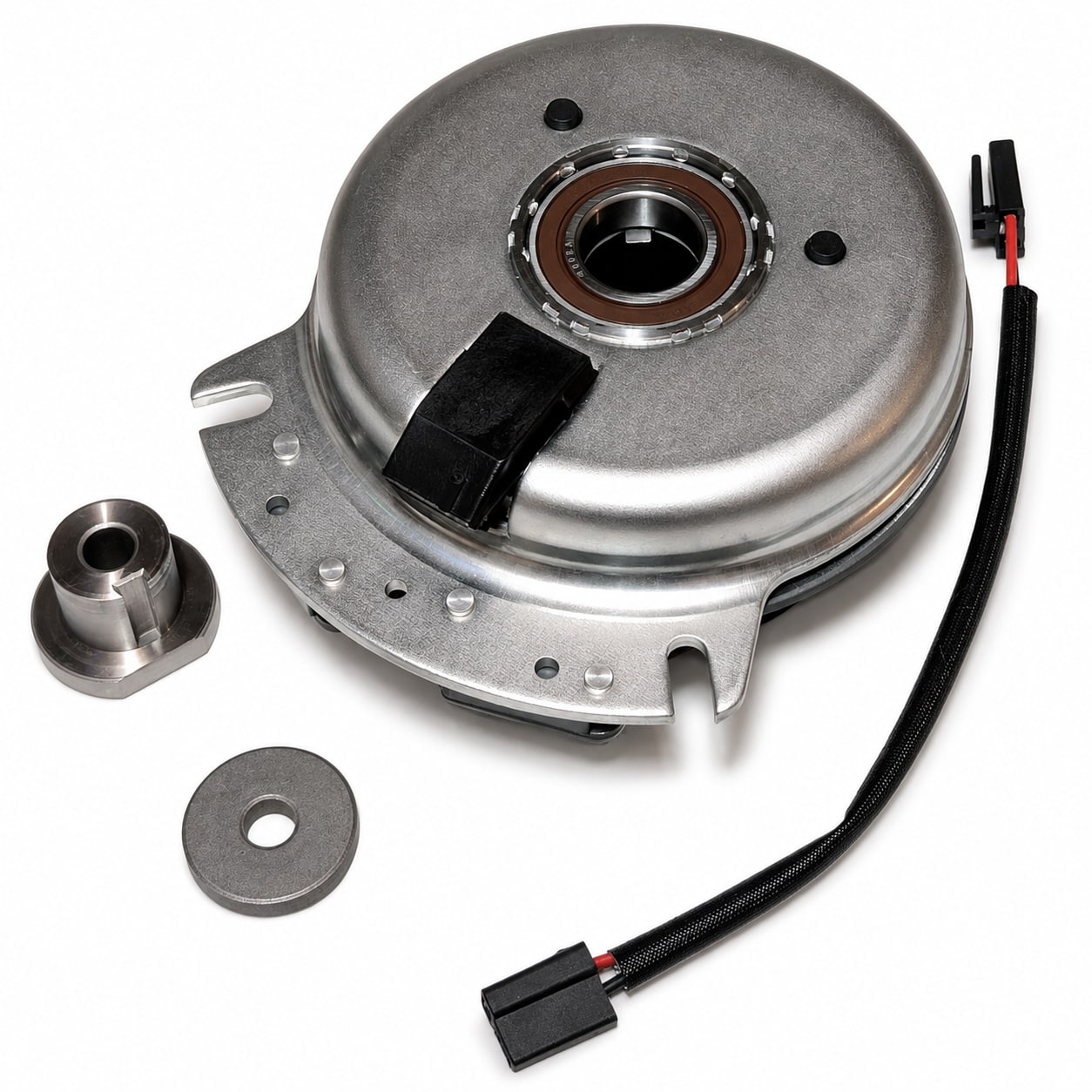 388771 aftermarket PTO clutch for Grasshopper, coil-side view with 1-1/8-inch bore, keyed bushing, washer and wiring harness