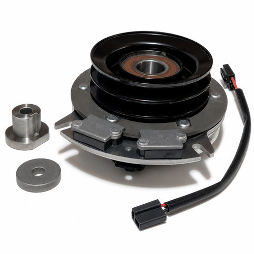 388771 aftermarket PTO clutch for Grasshopper, pulley-side view with double-groove pulley, keyed bushing, washer and wiring harness