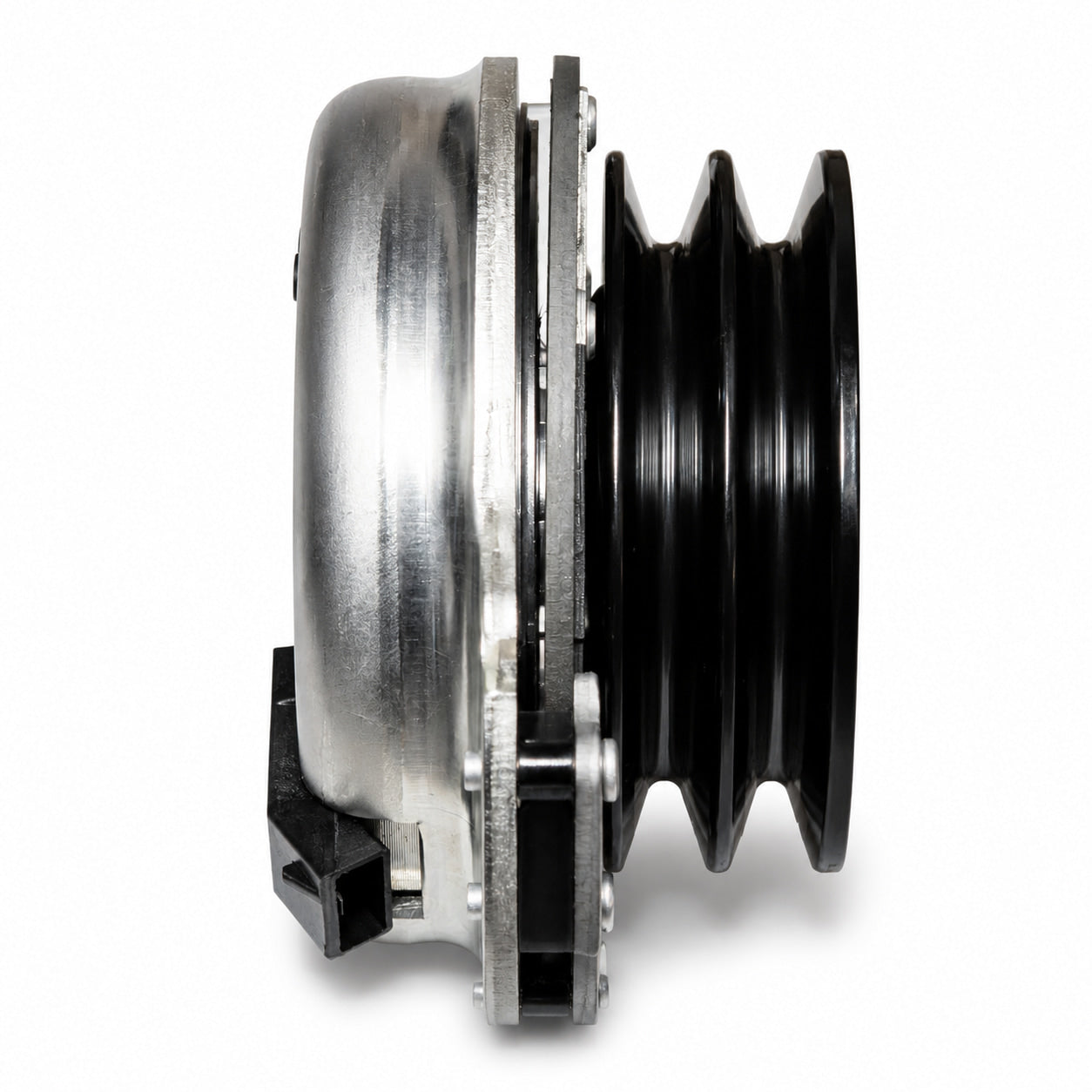 388771 aftermarket PTO clutch for Grasshopper, side view showing the 4-7/8-inch double-groove pulley and reverse-mount profile
