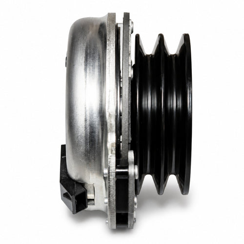 388771 aftermarket PTO clutch for Grasshopper, side view showing the 4-7/8-inch double-groove pulley and reverse-mount profile
