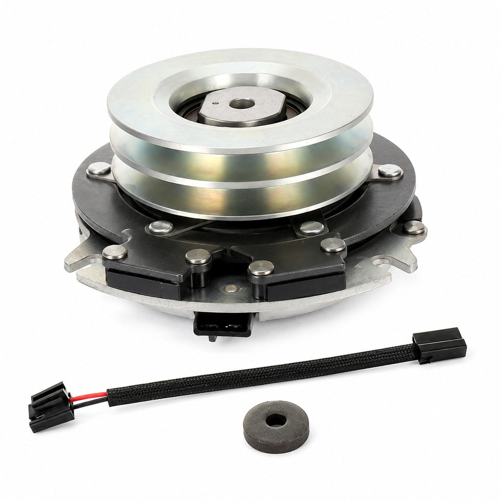 Aftermarket 388771 electric PTO clutch replacement for Grasshopper commercial mowers with 1-1/8 inch bore, 4-7/8 inch double pulley, clockwise rotation, and connector style shown.