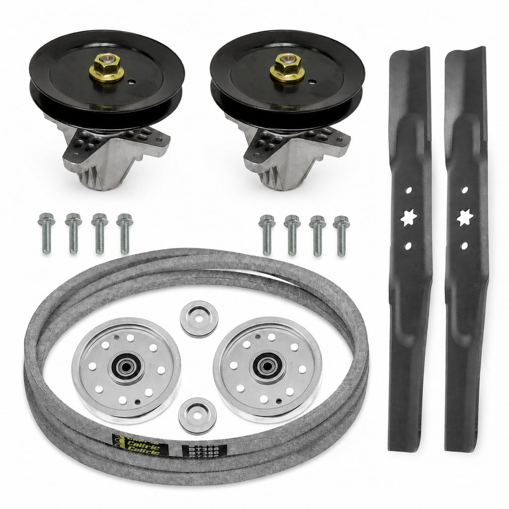 42-inch deck rebuild kit with 954-04060 belt, two spindle assemblies, mower blades, idler pulleys and mounting bolts