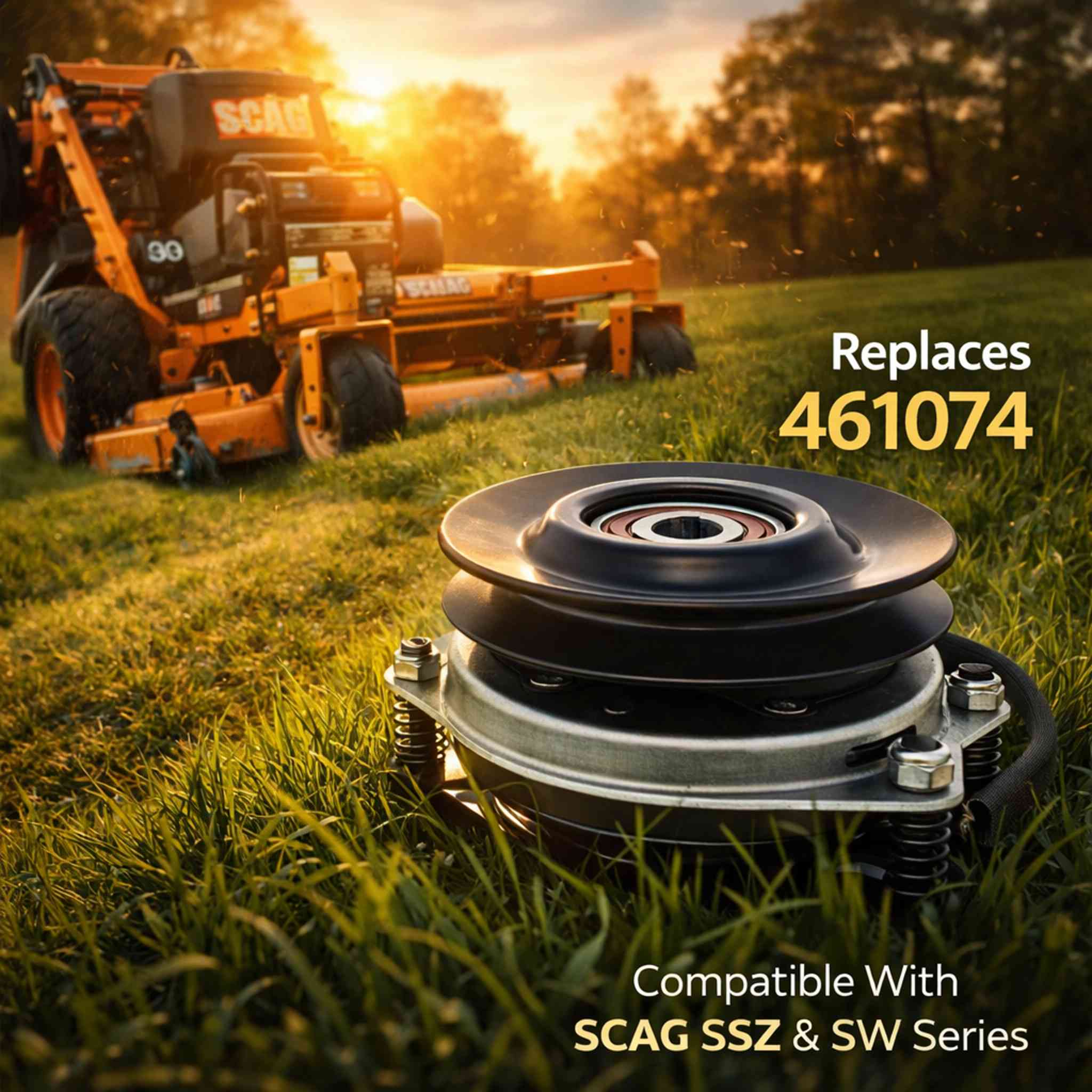 Lawn mower pulley on grass with SCAG equipment in the background.