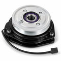 Aftermarket Scag PTO clutch replacement showing silver pulley and wiring connector close-up against bright white background.