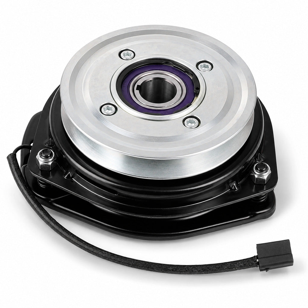 Aftermarket Scag PTO clutch replacement showing silver pulley and wiring connector close-up against bright white background.