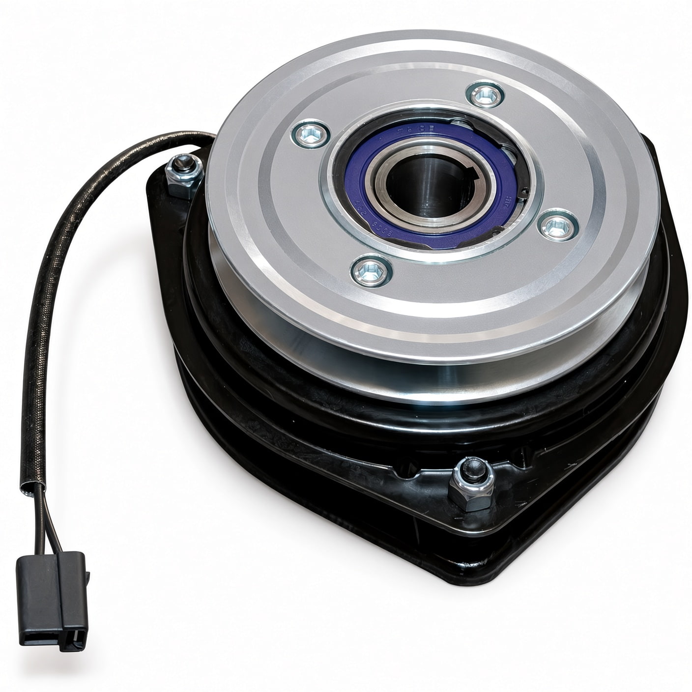 Aftermarket Scag PTO clutch replacing part numbers 484276 and 462339 showing silver pulley and wiring connector close-up against bright white background