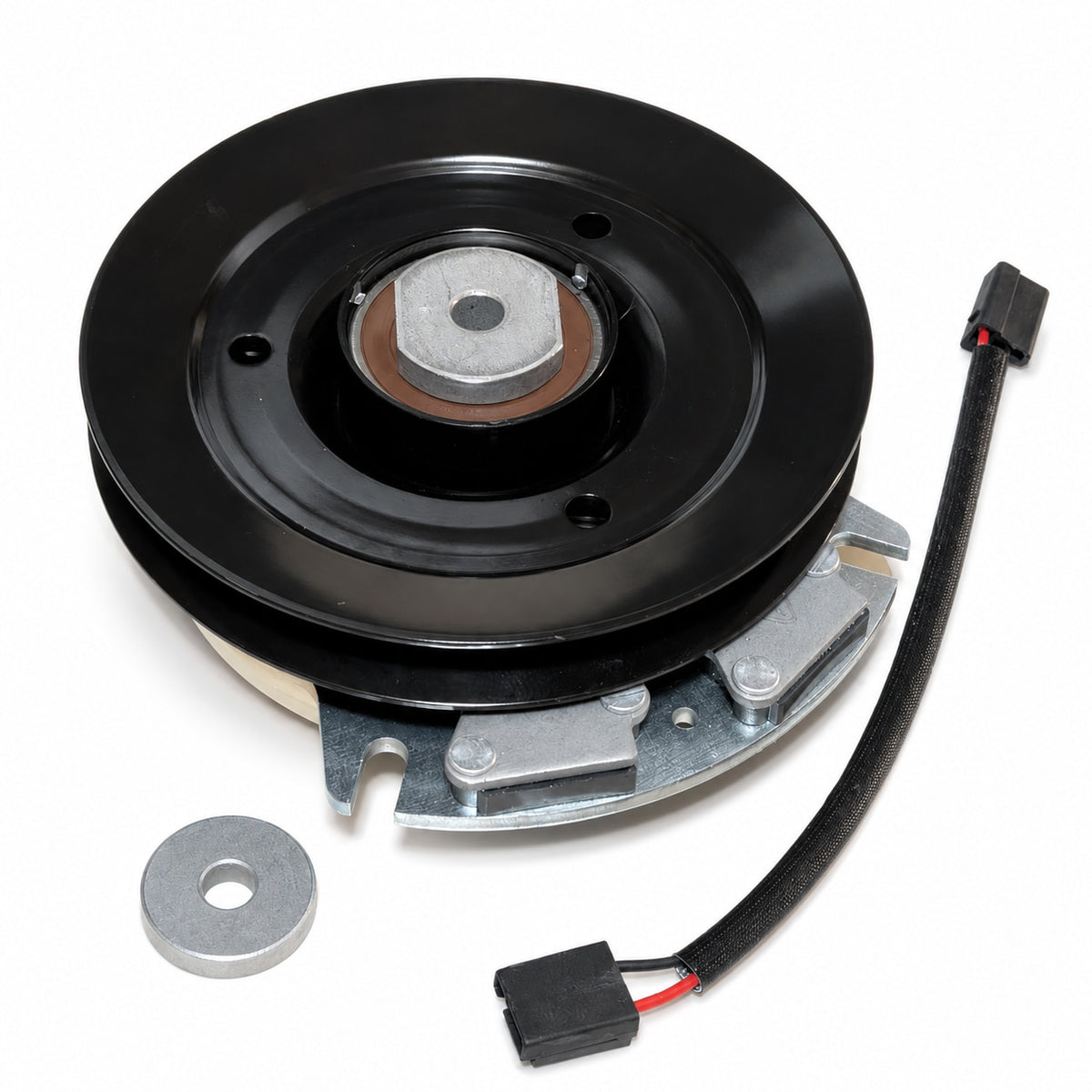 500012 PTO clutch replacement pulley side showing 7-1/4 inch pulley, optional extension harness and spacer for Dixie Chopper Silver Eagle and Run Behind mowers
