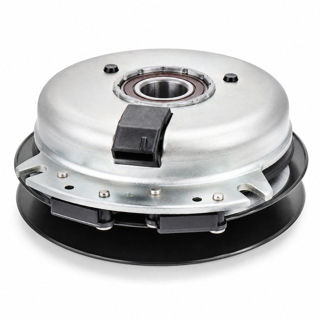 Dixie Chopper 500056 PTO clutch replacement bottom view of metal shell, pulley side down, against white backdrop.