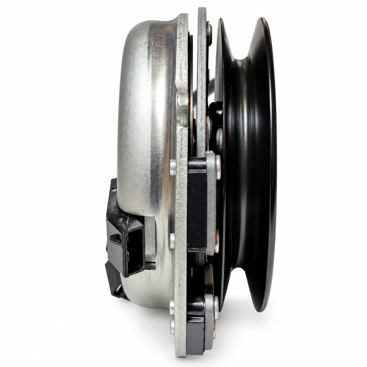 Side view of the Bush Hog 50049812 PTO clutch showing pulley groove and mounting assembly