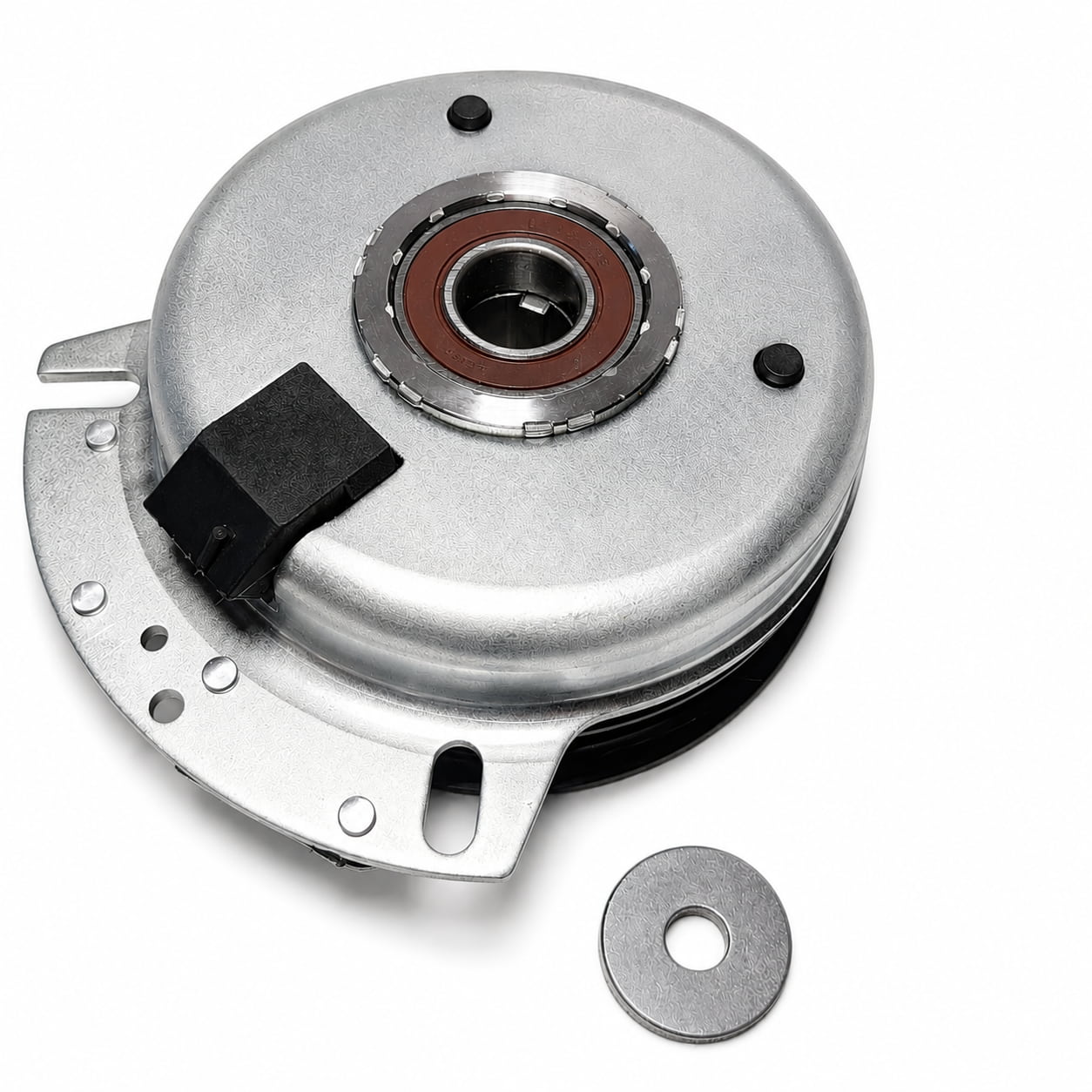Ferris PTO clutch 5101529 metal shell side showing plug connector and anti-rotation notches.