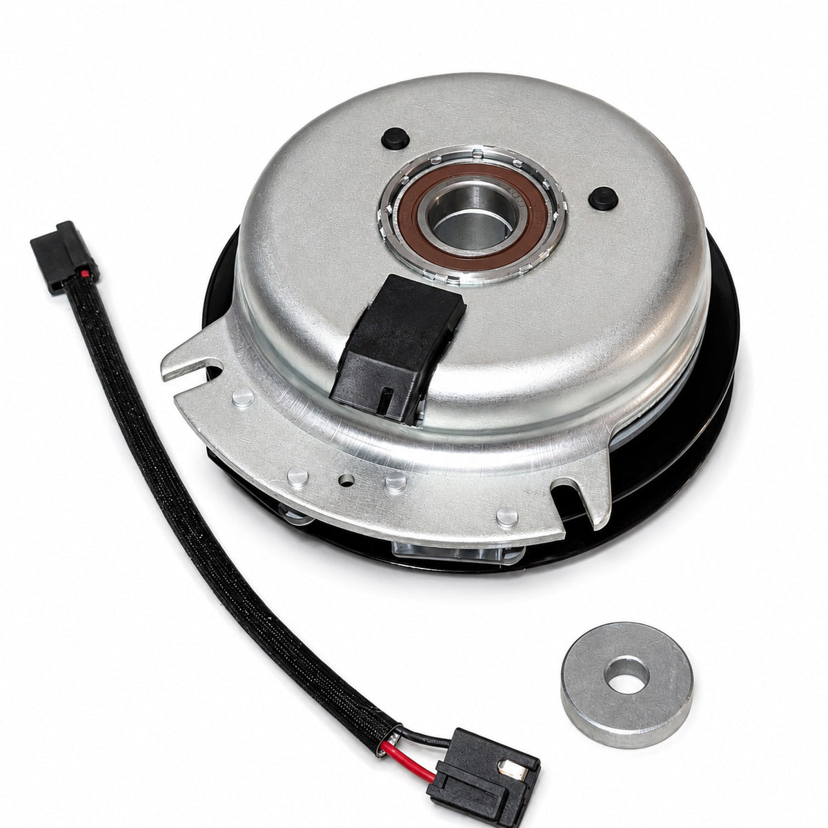 5203434 PTO clutch replacement housing side showing 1-1/8 inch bore, optional extension harness and spacer for Worldlawn Cobra, Encore and Wright Stander ZK

