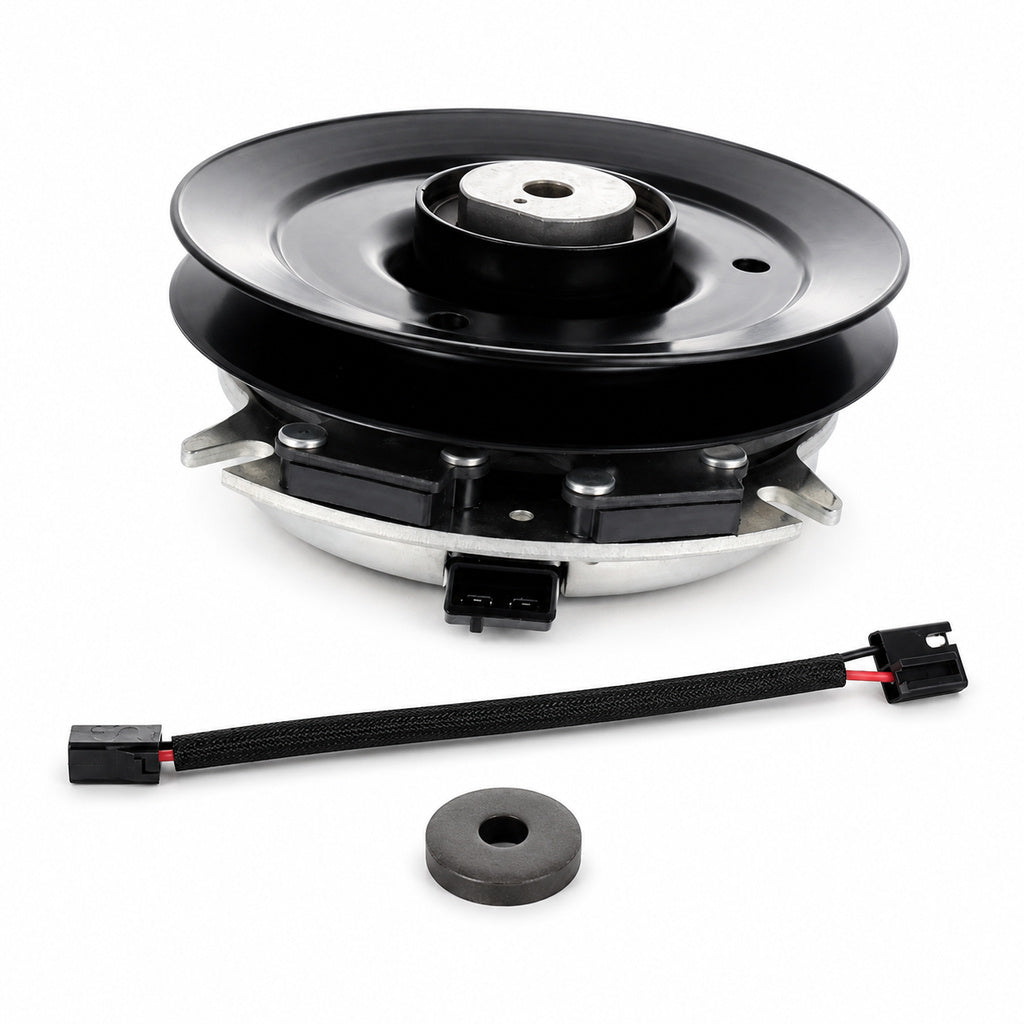 Aftermarket 5203434 electric PTO clutch replacement for Worldlawn Cobra and Encore commercial mowers with 1-1/8 inch bore, 7-3/8 inch pulley, counter-clockwise rotation, and connector style shown.