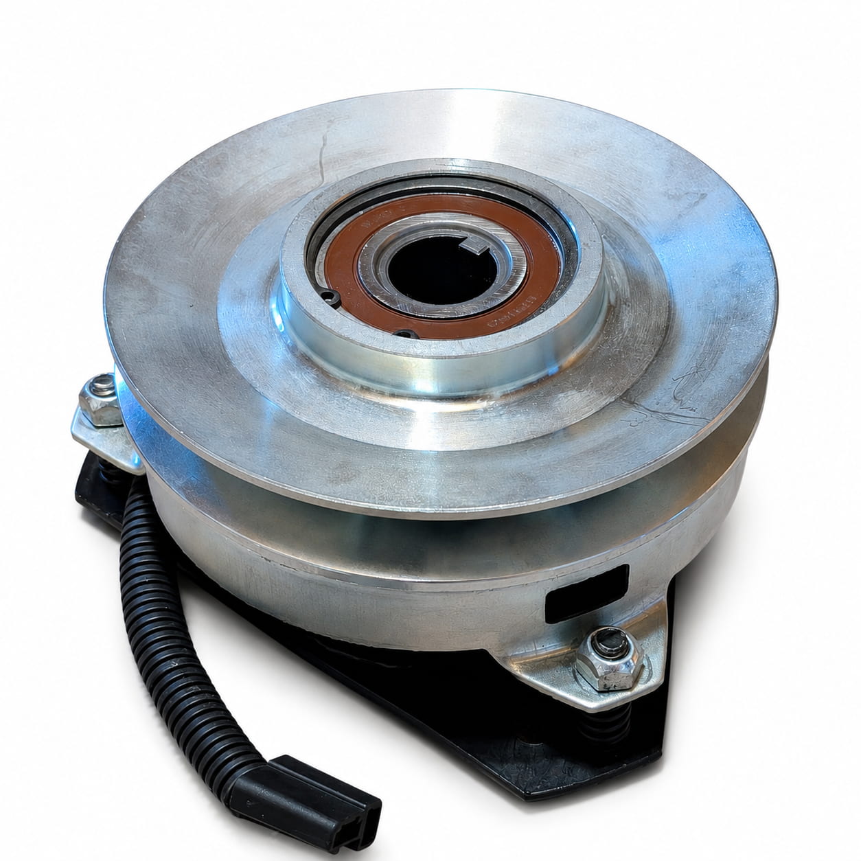 Pulley-side view of Warner 5215-13 PTO clutch replacement showing 6-inch pulley, 1-inch bore, external-key configuration, bearing, brake plate and wiring lead