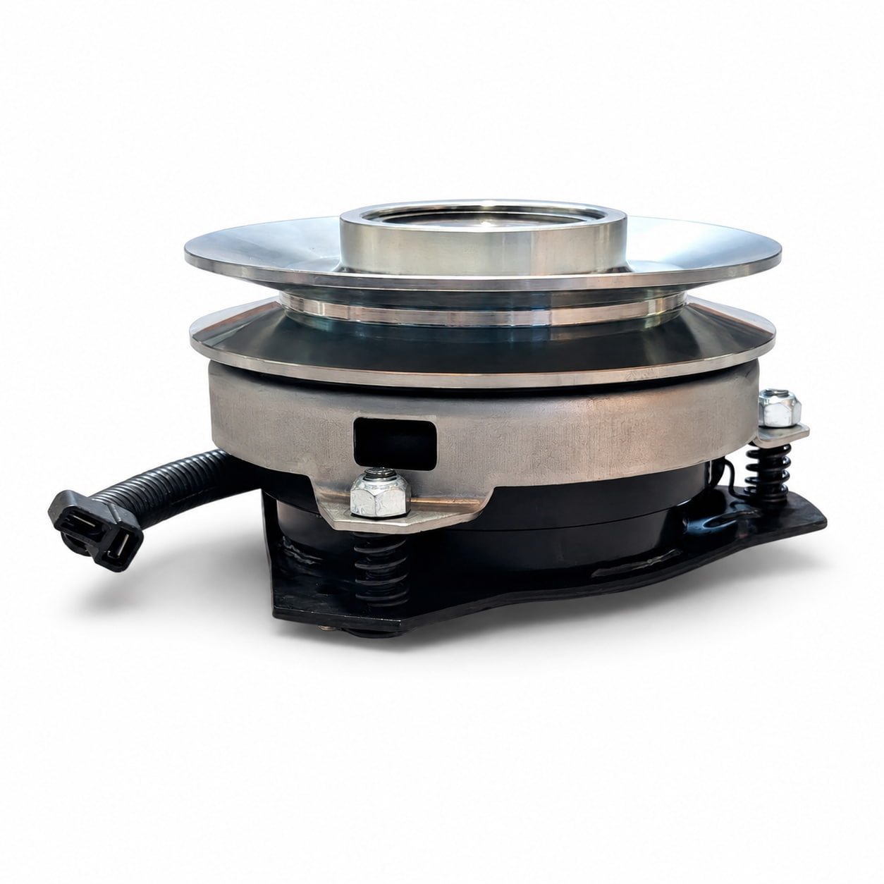 Side view of Warner 5215-13 PTO clutch replacement showing 6-inch pulley, brake assembly, mounting plate, external-key bore configuration and wiring connector