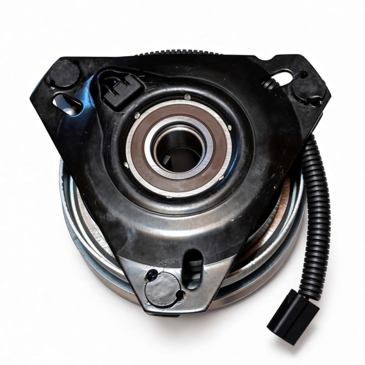 Warner 5215-13 PTO clutch replacement top view showing 1-inch bore, 6-inch pulley, mounting plate, brake assembly and wiring lead