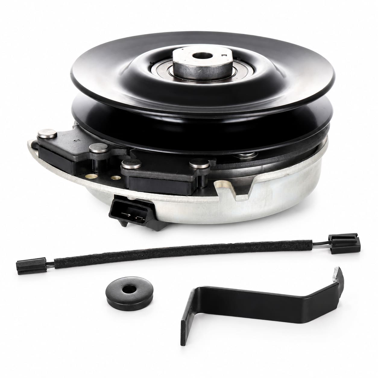 Electric PTO clutch replacement for Warner 5219-97, Gravely, and Ariens mowers with 1-inch bore, 6.150-inch pulley, 5/8-inch belt groove, spacer, wiring harness, and anti-rotation hardware.