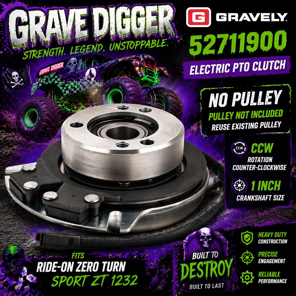 Gravely electric PTO clutch with Grave Digger branding on a dark epic background.