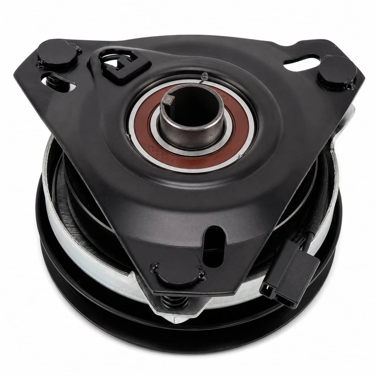 Under side showing anti-rotation system of 532174367 electric PTO clutch for Husqvarna YTH and Craftsman tractors.