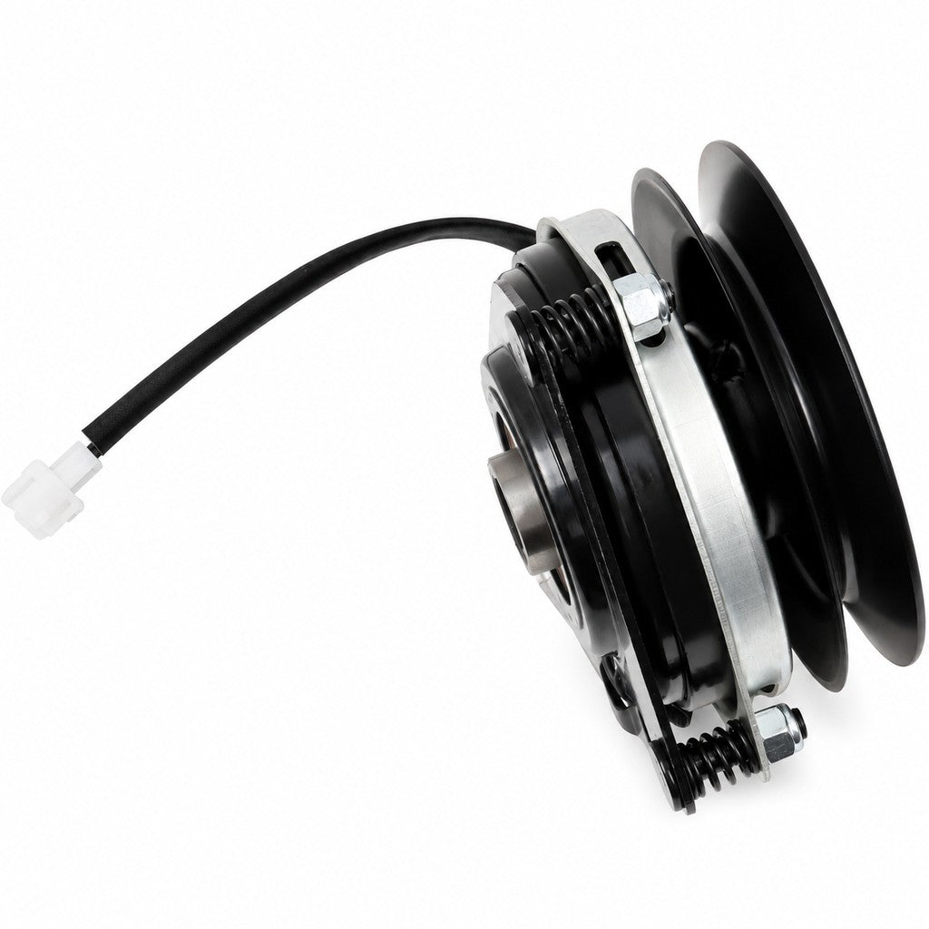 Side view of 532179334 PTO clutch replacement showing 6 inch pulley, 1 inch bore profile, and 2 pin connector for Husqvarna 587241601 applications.