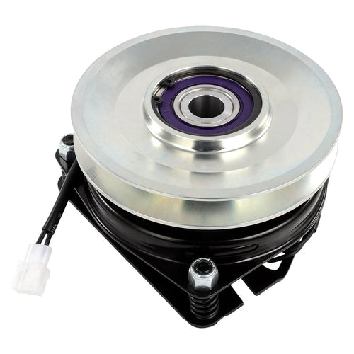 Aftermarket 532179335 electric PTO clutch replacement for Husqvarna, Poulan Pro, Jonsered, RedMax, and AYP-built mowers with 1-1/8 inch bore, 6.10 inch pulley, CCW rotation, and connector style shown.