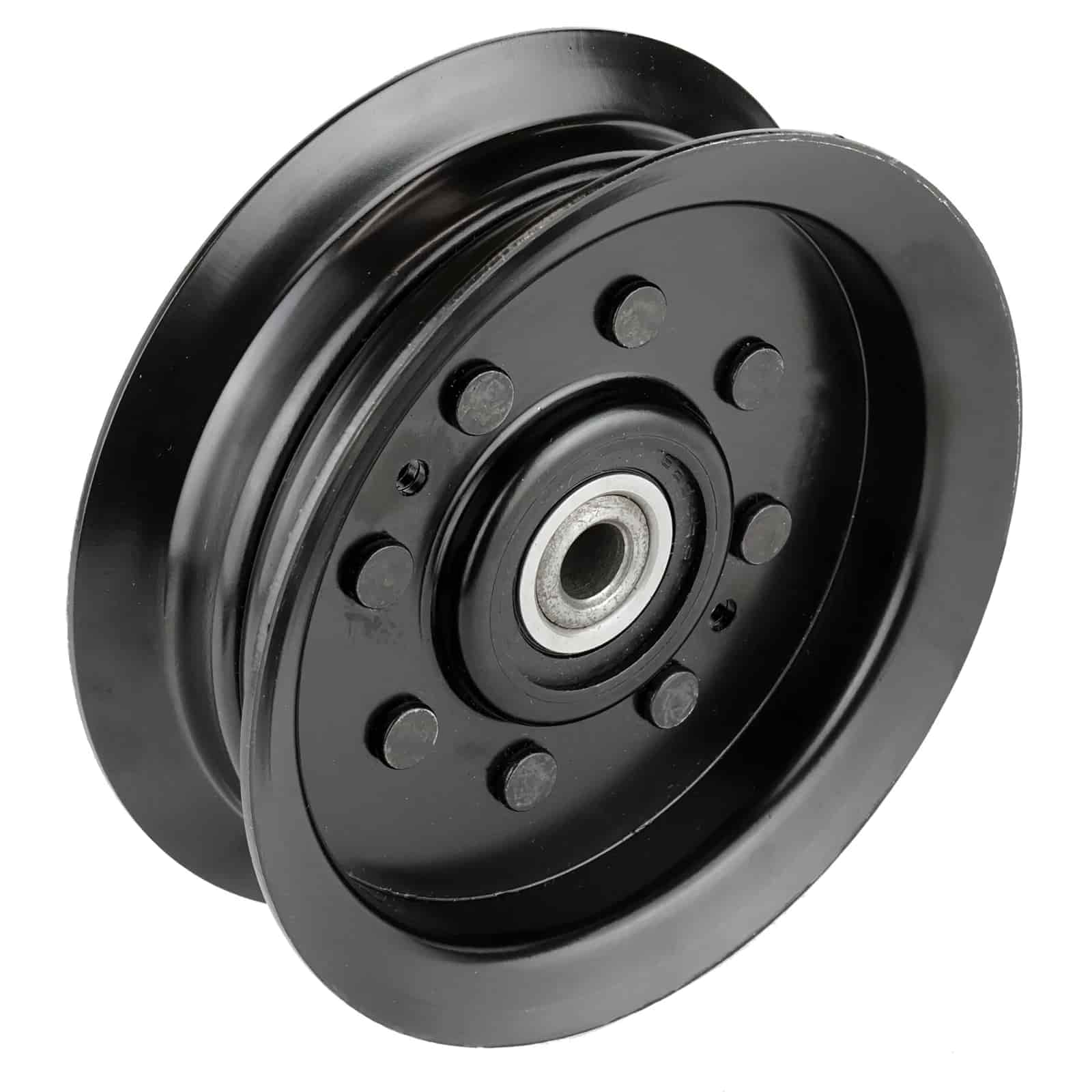 Flip side of aftermarket 532196104 black flat idler pulley for select Husqvarna, Craftsman and Poulan mower decks.