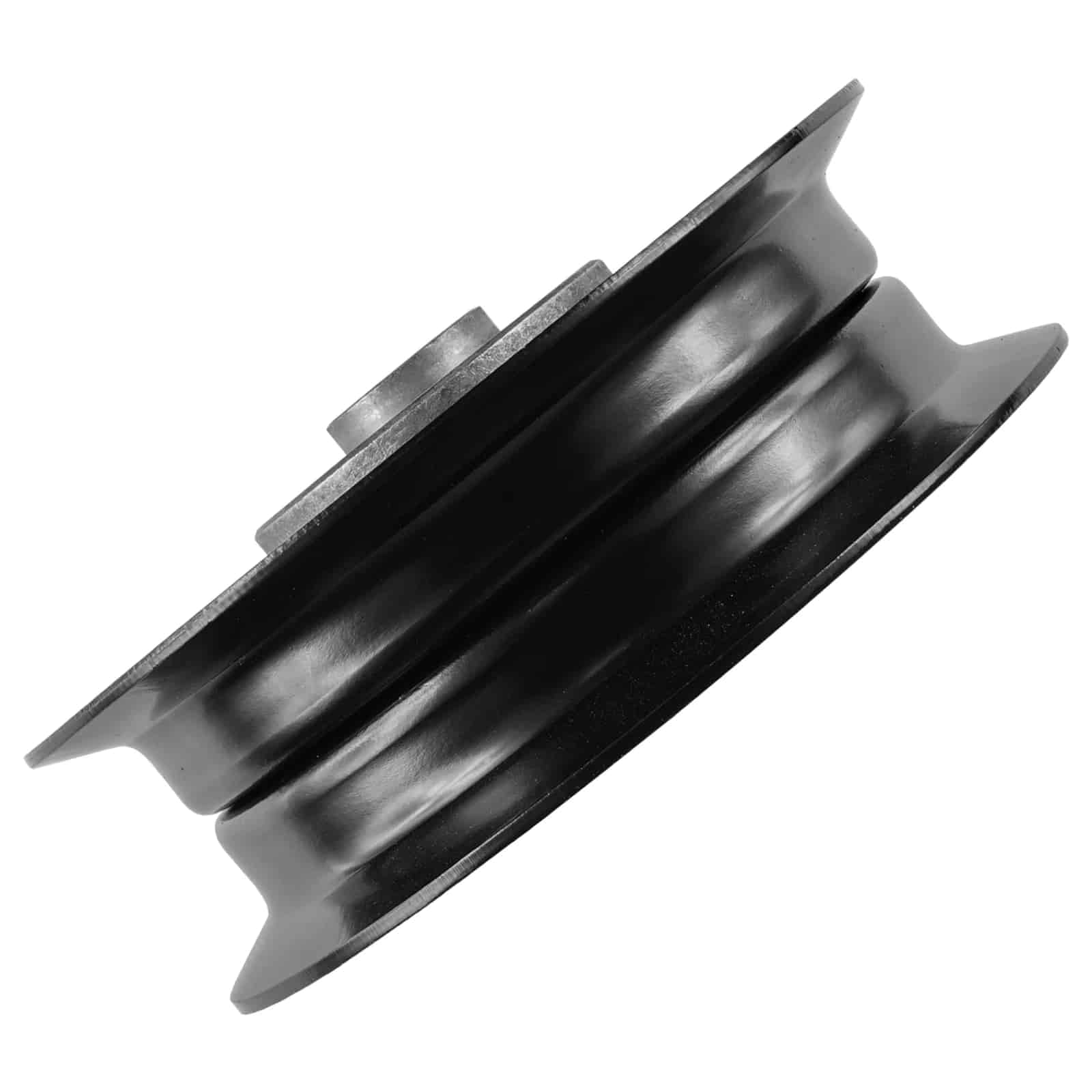 Side view showing width of Aftermarket 532196104 black flat idler pulley for select Husqvarna, Craftsman and Poulan mower decks.