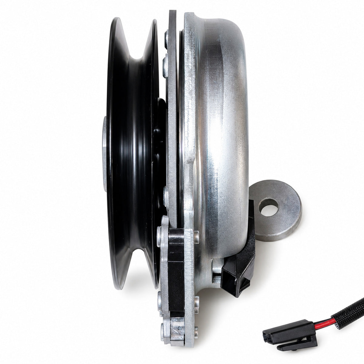 539102603 aftermarket PTO clutch for Husqvarna, side view showing V-belt groove, clutch housing and mounting plate