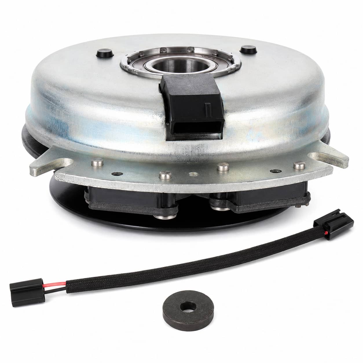 Silver metal shell side of 539128711 electric PTO clutch for Husqvarna, Ariens, Gravely and Dixon.