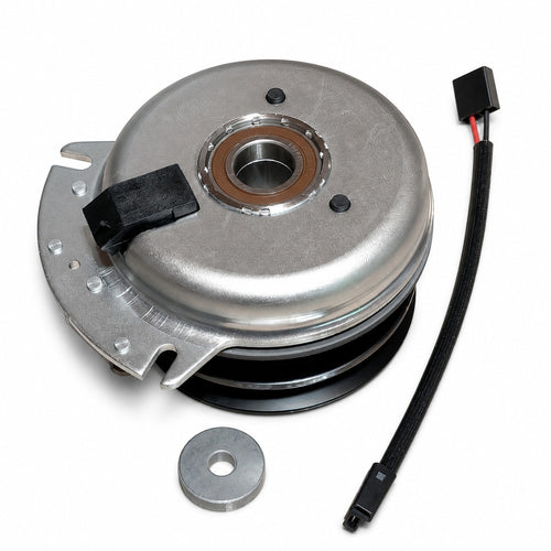 Back view of 574607001 PTO clutch showing 1-1/8 inch bore, bearing, connector, adapter harness and mounting spacer