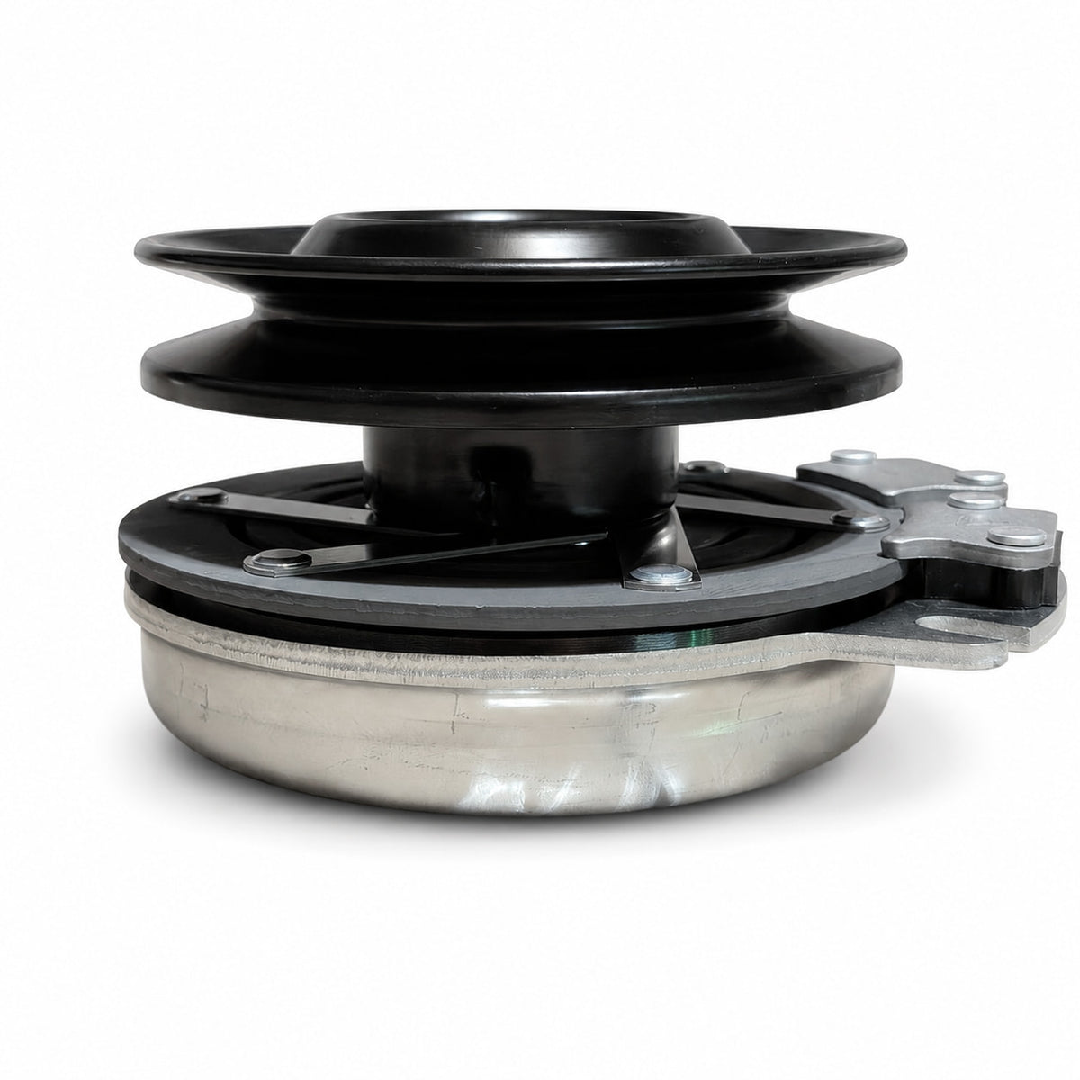 Side view of 574607001 electric PTO clutch replacement showing the black 5.90 inch pulley and brake assembly