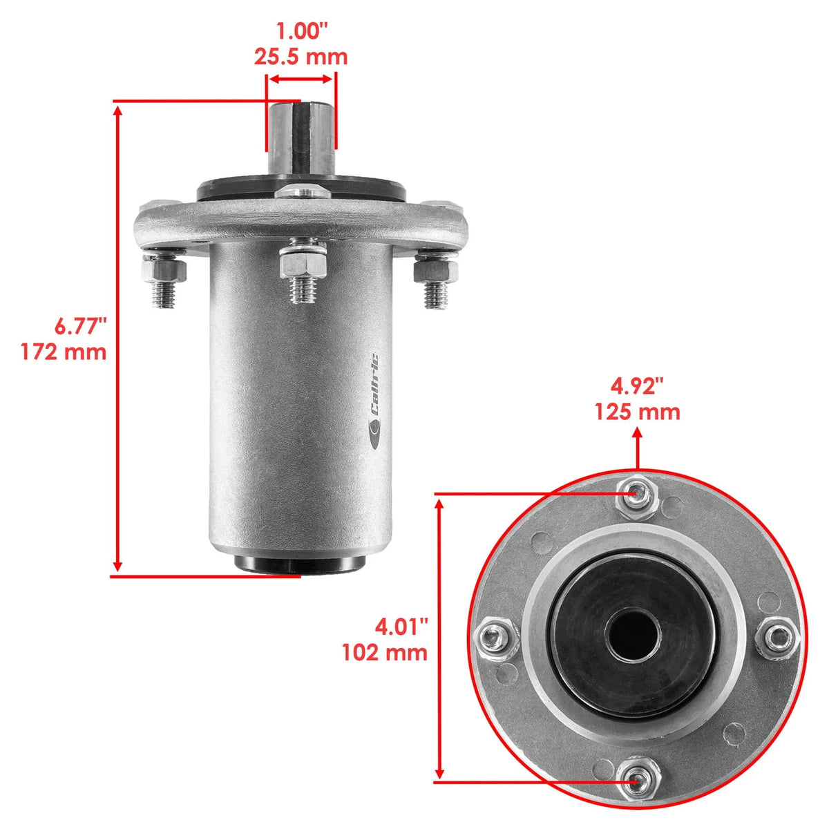 Dimensions and mounting measurements for the 59125000 Ariens and Gravely replacement spindle assembly