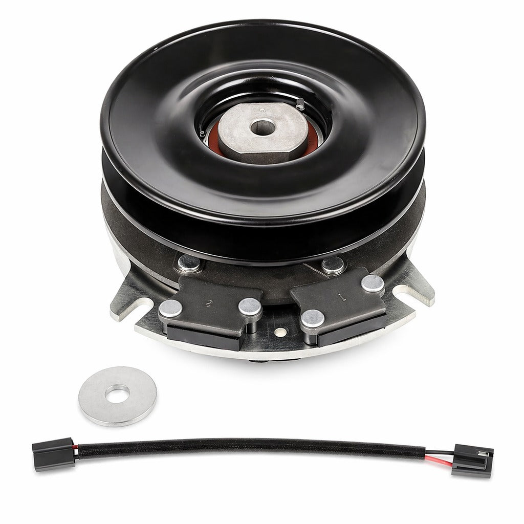 Hustler 601326 electric PTO clutch replacement with 6.30-inch pulley, 1-1/8 inch crankshaft bore, and CCW rotation, shown on white background.