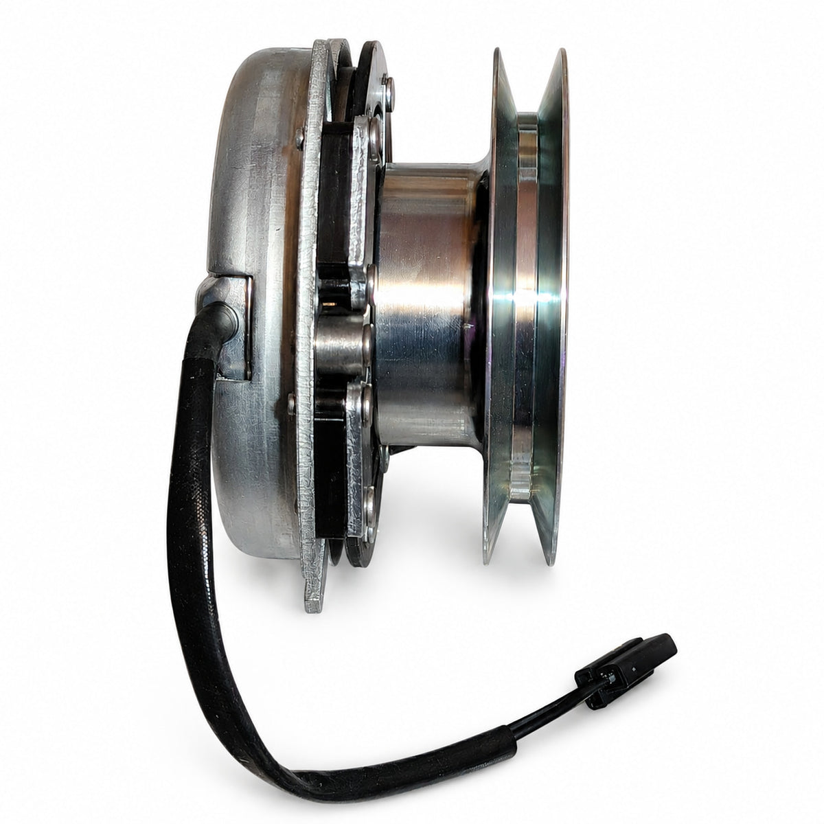 Side view of HD high torque big-bearing 604713K PTO clutch showing pulley, clutch stack profile, brake assembly and T-plug wiring