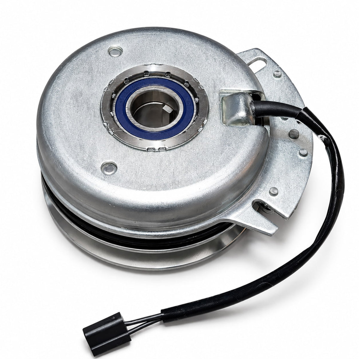 605827K electric PTO clutch replacement backside view showing bearing, keyed bore, mounting tabs and connector