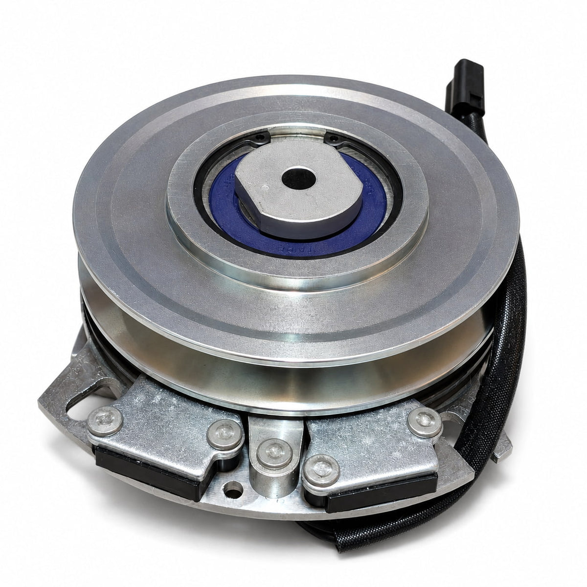 605827K electric PTO clutch replacement pulley-side view showing D-spacer bushing, brake assembly and wiring connector