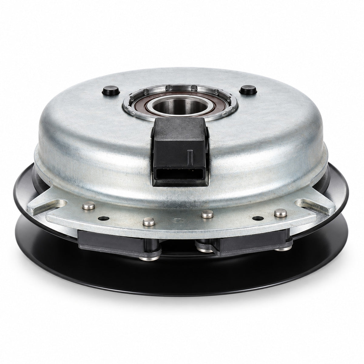 Rear view of 606936K / 603336K aftermarket PTO clutch showing silver housing, center bearing and electrical connector
