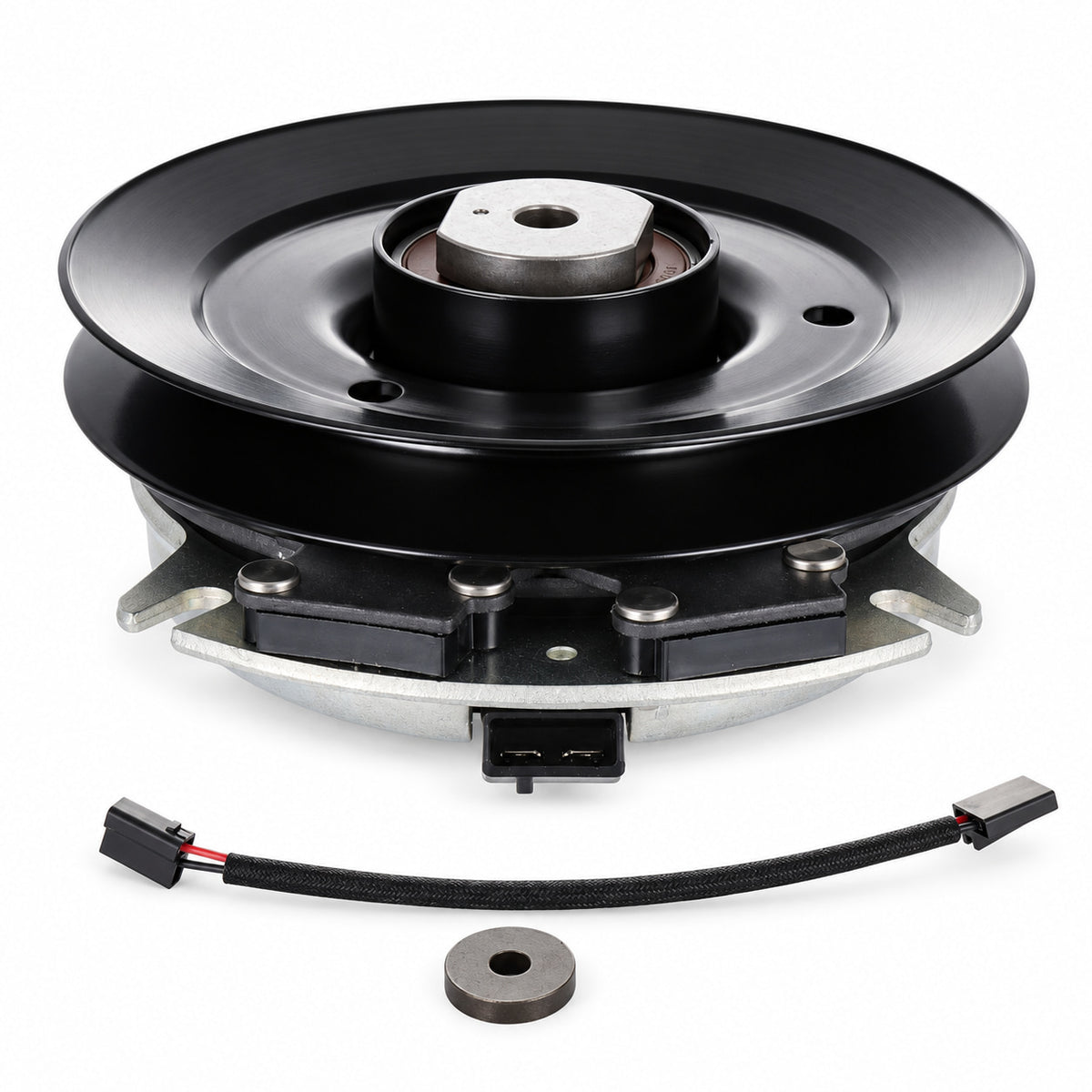 606936K aftermarket PTO clutch for Hustler Super Z and Super Z HD with black pulley, adapter harness and washer